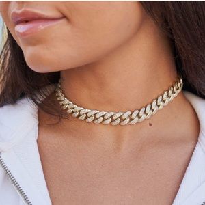 14k Gold Plated Cubic Zirconia Cuban Link Choker Necklace 14 inches
